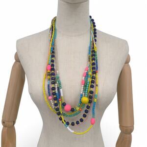 Vineyard Vines Colorful Layered Boho Statement Necklace Multi Strand Wood Pompom